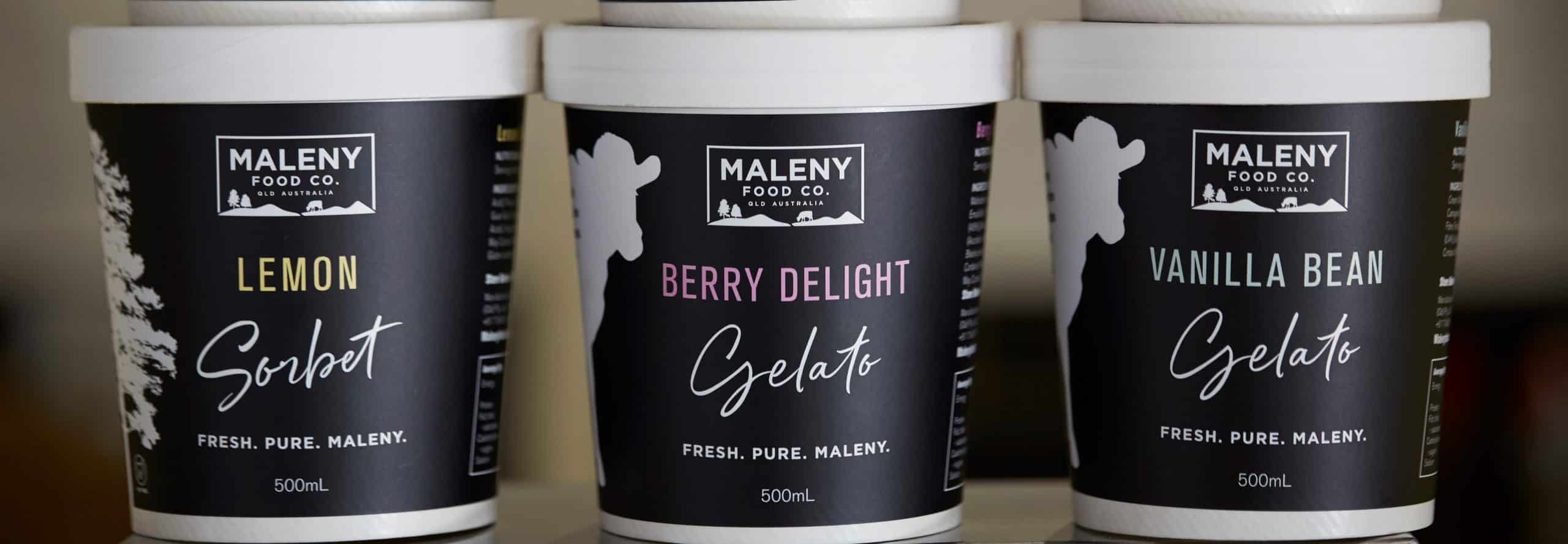 Maleny Food Co. Gelato Retail Tubs. Lemon Sorbet, Berry Delight Gelato and Vanilla Bean Gelato